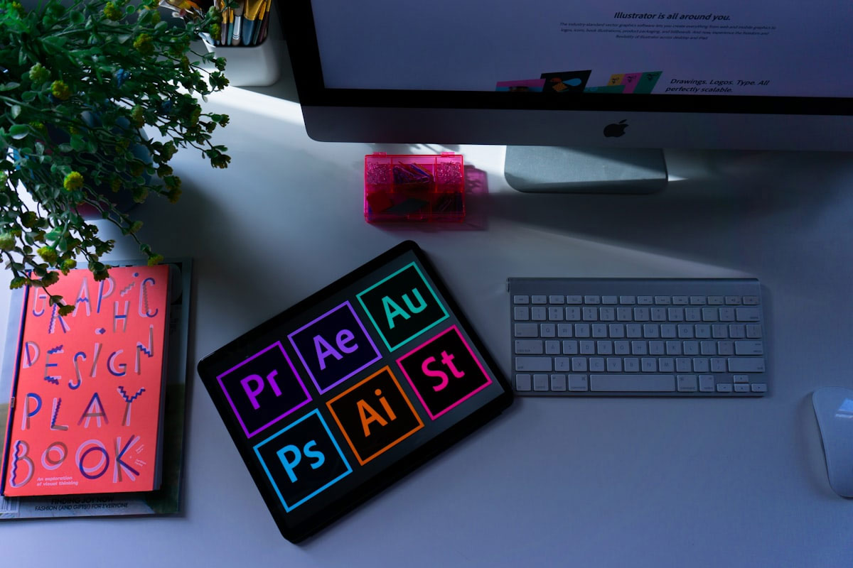 Applications de motion design et de montage vidéo affichées sur une tablette posée sur un bureau créatif