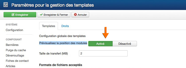 paramètres template Joomla